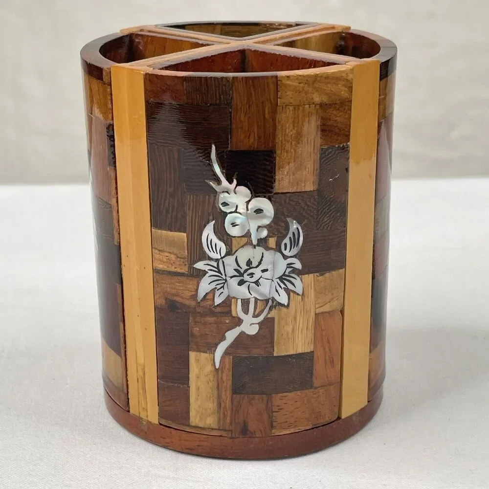Vintage Wood Cigarette Holder Pencil Box Abalone Inlaid Home Desk Decor